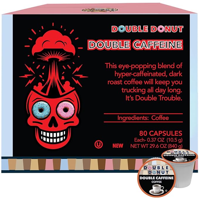 Double Donut Coffee High Caffeine Coffee Pods Extra Strong Double Caffeine Coffee Cups for Keurig K Cup Brewer Machines Single Serve Dark Roast Coffee 80 Count