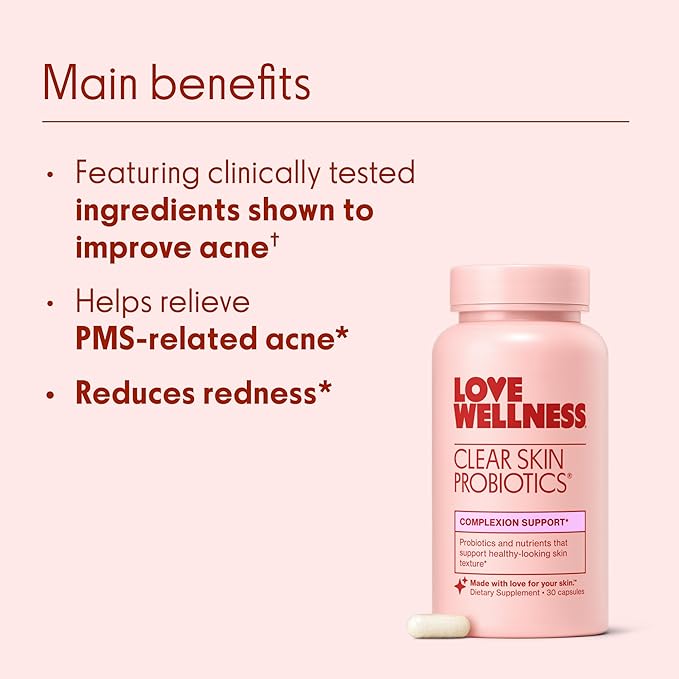 Love Wellness Clear Skin Probiotic | Clear Up Hormonal Acne Pimples Redness &amp Pore Minimizer | Skin Care with Zinc Bifidobacterium Longum &amp Chaste Tree Fruit Extract | Acne Treatment | 30 Co