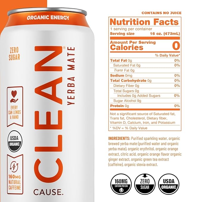 CLEAN Cause Zero Calorie Zero Sugar Orange Ginger &amp Cherry Lime Yerba Mate Organic Energy Drink Alternative (16oz cans 2-12-Pack Case) Keto Friendly 160mg Caffeine