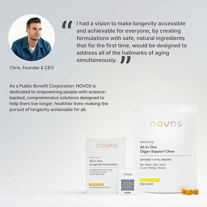 NOVOS Core Longevity Mix Anti-Aging Supplement Drink Powder Packet Unflavored - Skin Support Energy Mood Support Sleep and Cognition Support - 30 Servings