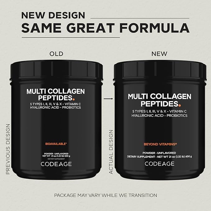 Codeage Multi Collagen Peptides + Probiotics Black Edition Vitamin C Hyaluronic Acid Powder Supplement Grass-Fed Pasture-Raised Hydrolyzed Zero Carbs Type I II III V &amp X Unflavored 21o