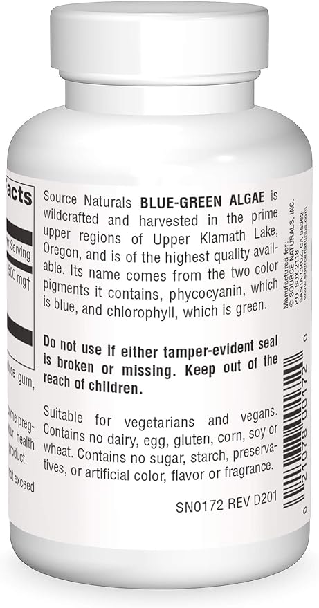 Source Naturals Blue Green Algae from Klamath Lake - Algae Superfood Supplement 500 mg - 100 Tablets