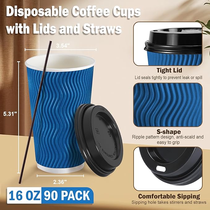 SIUQ 16 oz Coffee Cups-90 Pack Disposable Coffee Cups with Lids and Straws Insulated Ripple Wall To Go Paper Coffee Cup for Coffee Hot Chocolate and Hot Tea Drinks - Navy