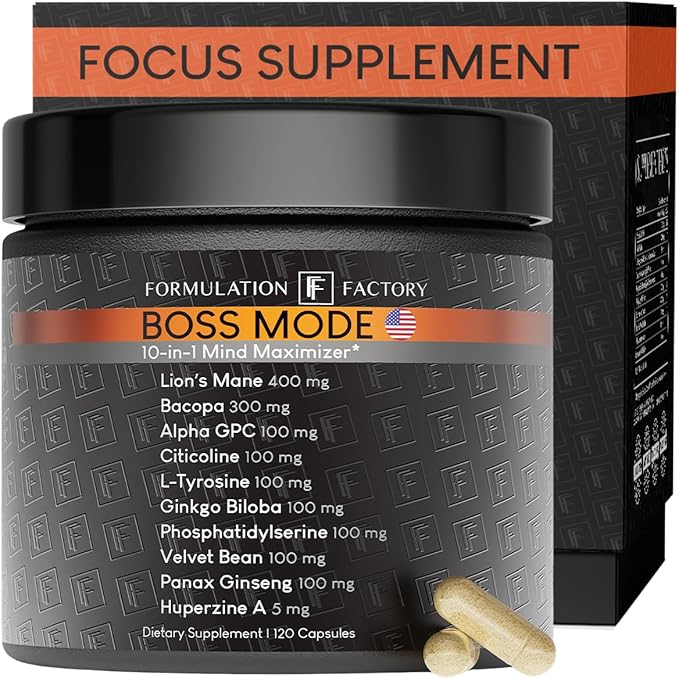 Formulation Factory Nootropic Brain Supplement - Boss Mode Focus &amp Memory Complex with Lion's Mane Alpha GPC &amp Bacopa - Cognitive Support - 120 Capsules 2 Month Supply
