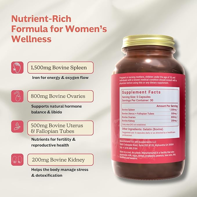 MK Supplements Female Vitality Beef Organ Supplement for Women Supports Reproductive Health and Hormone Balance Freeze-Dried Non-GMO 30 Servings (3000 mg Each)