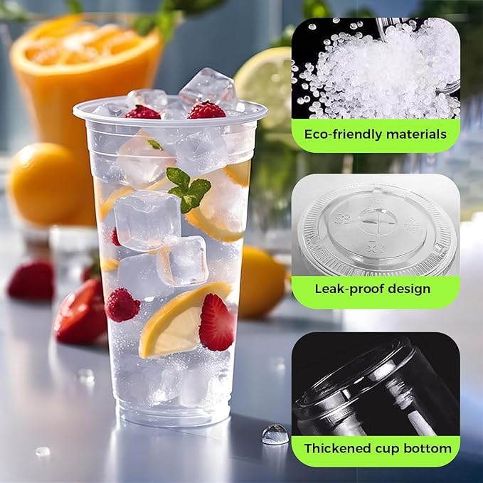 [200 SETS] 32 oz Cups with lids Plastic cups with lids and straws iced coffee cup suitable for takeout iced coffee cold drinks smoothies juices parfaits Frappuccinos and milkshakes.