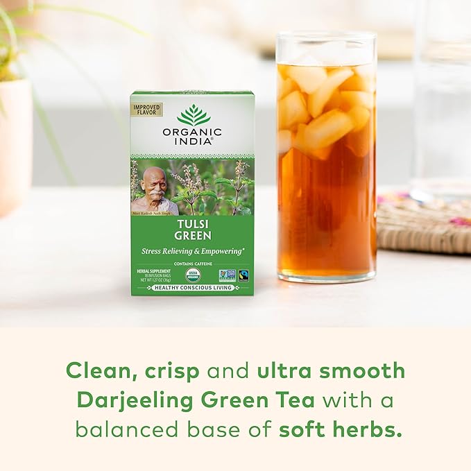 ORGANIC INDIA Tulsi Green Tea Bags - Holy Basil Tea African Basil Stress Relieving Immune Support USDA Certified Organic Premium Darjeeling Green Tea Caffeinated - 18 Infusion Bags 3 Pack
