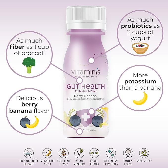 Vitaminis - Gut Health Shot - Berry Banana Juice with Probiotics and Fiber for Digestive Health. Dairy Free No Added Sugar Shelf Stable &amp Gentle for Kids Women &amp Men (2.5 Fl. Oz Pack of