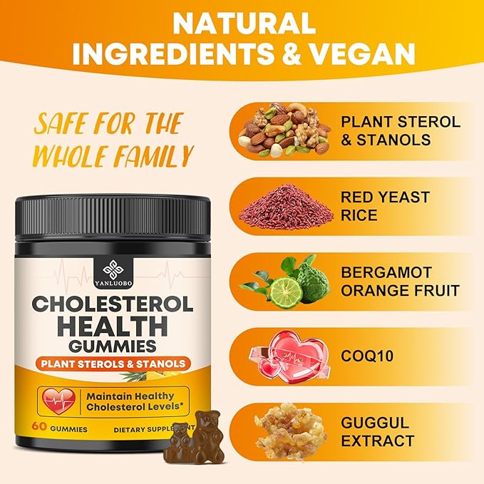 Cholesterol Supplements with 1200mg Plant Sterols &amp Stanols Guggul Bergamot Red Yeast Rice Cholesterol Complex Gummies Support Healthy Cholesterol Levels Pineapple Flavor 60 Counts