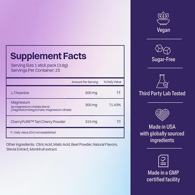 Nite Nectar Magnesium Glycinate Powder Sleep Promoting Supplement – Sleepy Mocktail Drink Mix Packets with Tart Cherry &amp L-Theanine for Calm Relaxing – Sugar &amp Melatonin Free Lab-Tested - 25