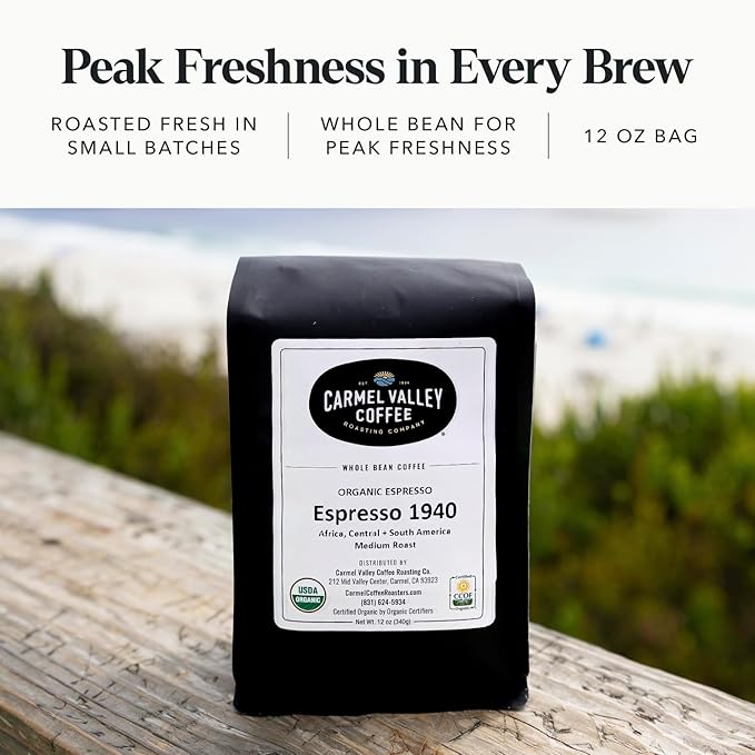 Carmel Valley Coffee Roasting Espresso 1940 – Organic Medium Roast Africa Central &amp South America - Notes of Dried Berries Toasted Nuts &amp Baker’s Chocolate Whole Bean Coffee 12 Oz Bag