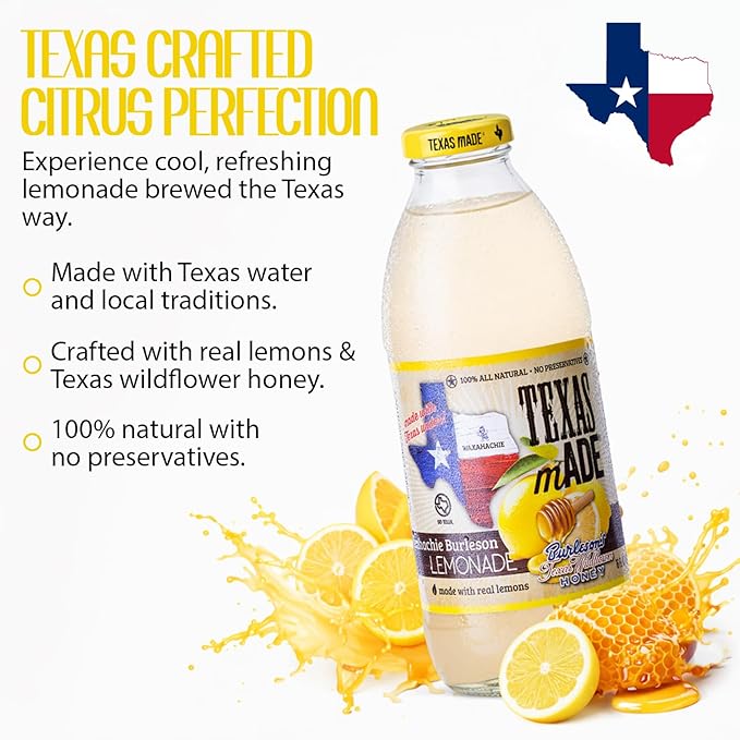 Texas mADE Waxahachie Burleson Lemonade Honey Lemonade Made with Pure Cane Sugar and Texas Wildflower Honey No Preservatives Texas Crafted Lemonade 16 fl oz Pack of 12