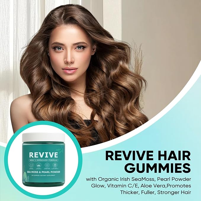 Revive Hair Gummies Balmbare Revive Gummies for Hair Promotes Thicker Fuller Stronger Hair with Organic Irish Sea Moss Pearl Powder Glow Vitamin C/E Aloe Vera 60 Count