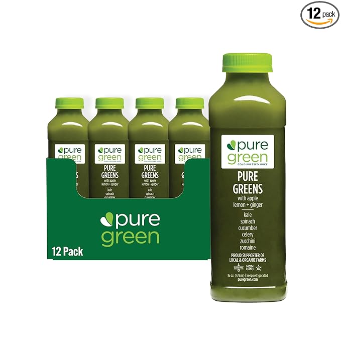 Pure Green Cold Pressed Juice - Pure Greens ALG - Fresh Functional Blend with Apple Lemon Ginger Kale - Natural Gluten Free Non-GMO No Artificial Colors or Flavors - Made from Real Fruits &amp