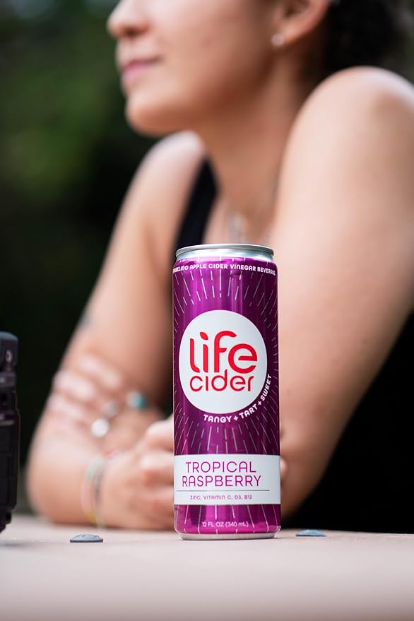 Life Cider | 12 Pack (12 Fl Oz) | Tropical Raspberry | Sparkling Apple Cider Vinegar Beverage | Digestive Health &amp Immunity Benefits | Low Calorie &amp Low Carb Drinks | Vitamins C D3 Zinc B12