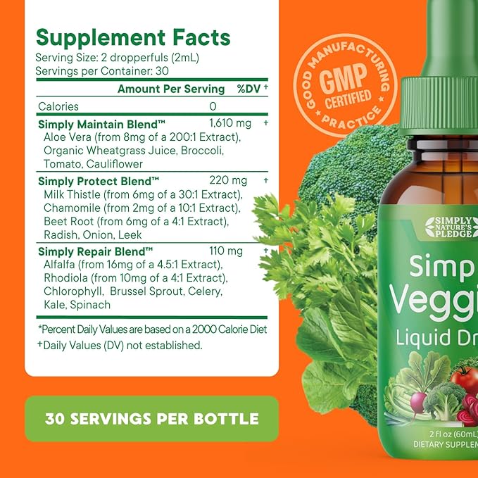 Simply Nature's Pledge - Fruit and Vegetable Supplements - Liquid Drops - Made with Whole Food Superfoods Packed Vitamins &amp Minerals - Soy Free - Made in The USA