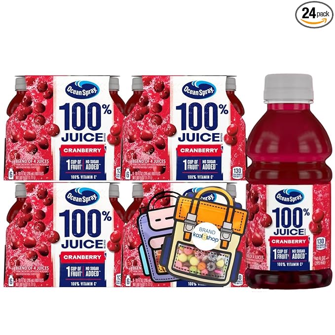 Ocean Spray 100% Cranberry Fruit Juice Drink 10 fl oz Plastic Bottles 24 Pack + 2 Reusable Snack Bags by KOOL8SHOP Infinite Deals