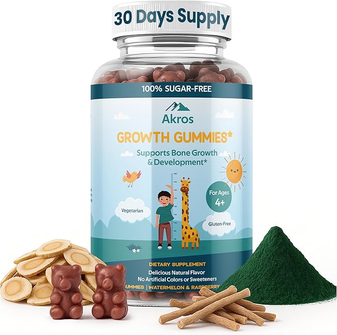 Akros Growth Gummies for Kids &amp Teens | Sugar-Free Calcium + Vitamin D3 &amp K2 Gummies - Height &amp Bone Support | Ashwagandha Spirulina L-Arginine | Non-GMO Gluten-Free 60 Raspberry-Water