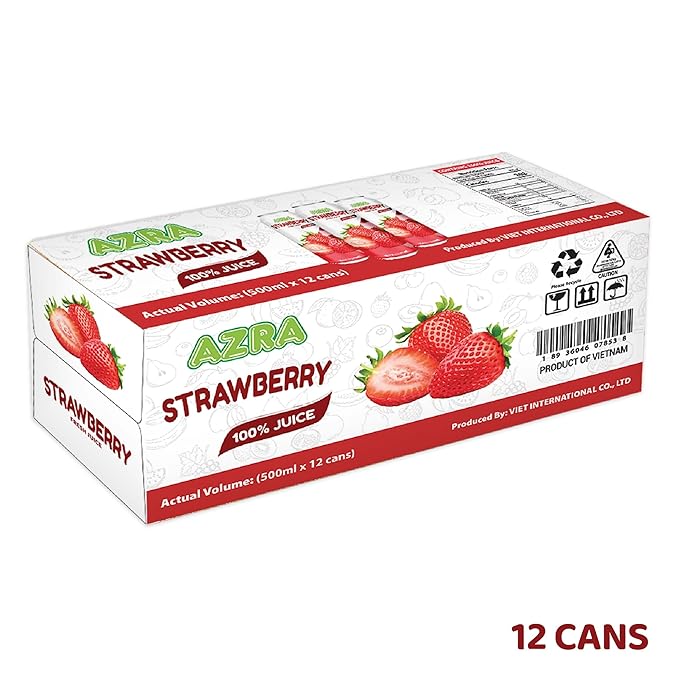AZRA 100% Strawberry Juice 500ml Cans (Pack of 12) - Fresh Fruit Punch Flavor - Sugar Free Healthy Drinks - 100 Percent Zero Sugar Beverages - Real Berry Liquid Variety 16.9 fl oz