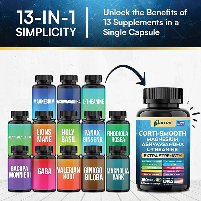 Corti-Smooth Cortisol Supplement Magnesium L-Theanine Ashwagandha Magnolia Bark Panax Ginseng Bacopa Monnieri GABA Lions Mane Ginkgo Biloba Phosphatidylserine Valerian Root (180 Caps)