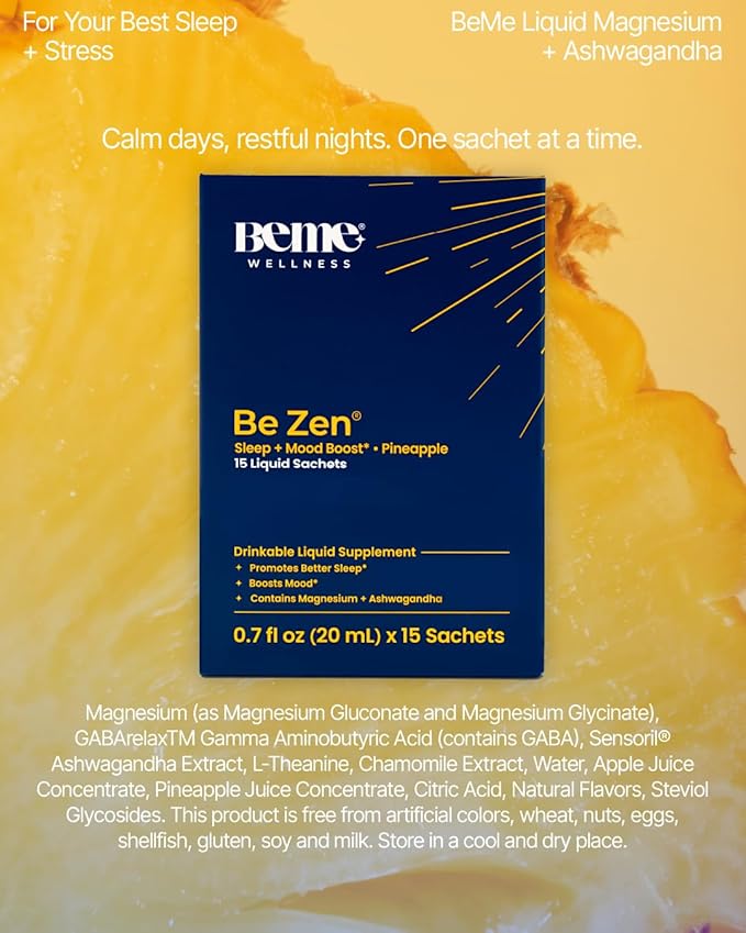 BeMe Magnesium Drink for Sleep - Melatonin-Free Magnesium for Sleep with Ashwagandha L-Theanine &amp GABA - Fast-Absorbing Calm Pineapple - 15 Sachets