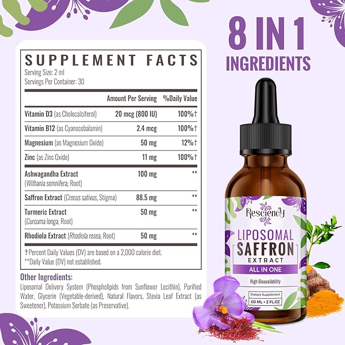 Resciency Liposomal Saffron Supplements Drops 88.5mg – High Bioavailability Liquid Saffron Extract for Mood Support Energy Focus &amp Vision with Ashwagandha Magnesium Zinc B12 &amp D3 4 fl oz