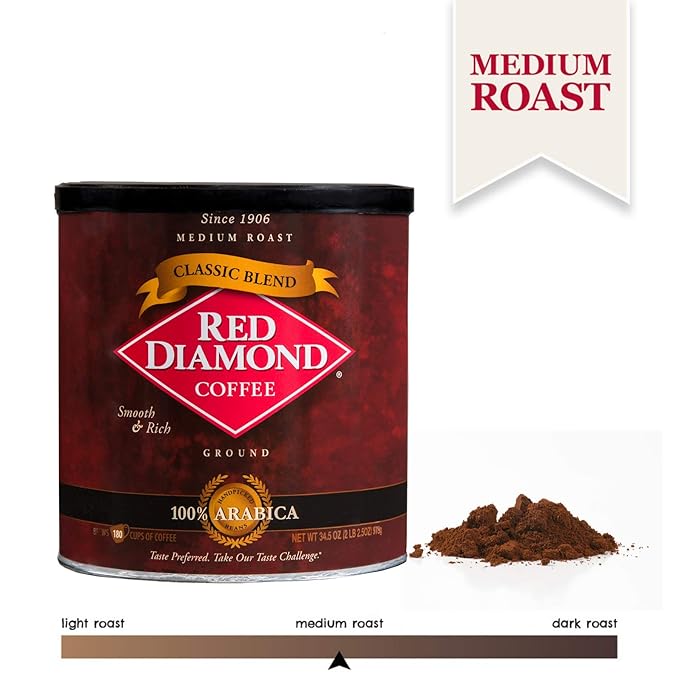 Red Diamond Ground Coffee | Classic Blend | Medium Roast | Arabica Beans | Smooth &amp Rich Flavor | 34.5 Ounce Resealable Can
