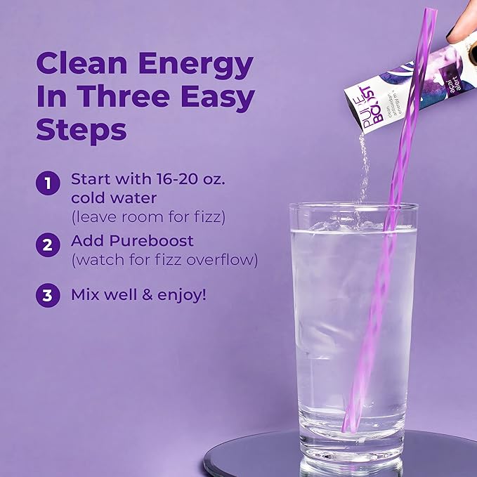 Pureboost Clean Energy Booster Refreshing Energy Drink Mix with B12 Vitamins Electrolytes Antioxidants Sugar-Free with No Sucralose (Acai Alert 30 Count)