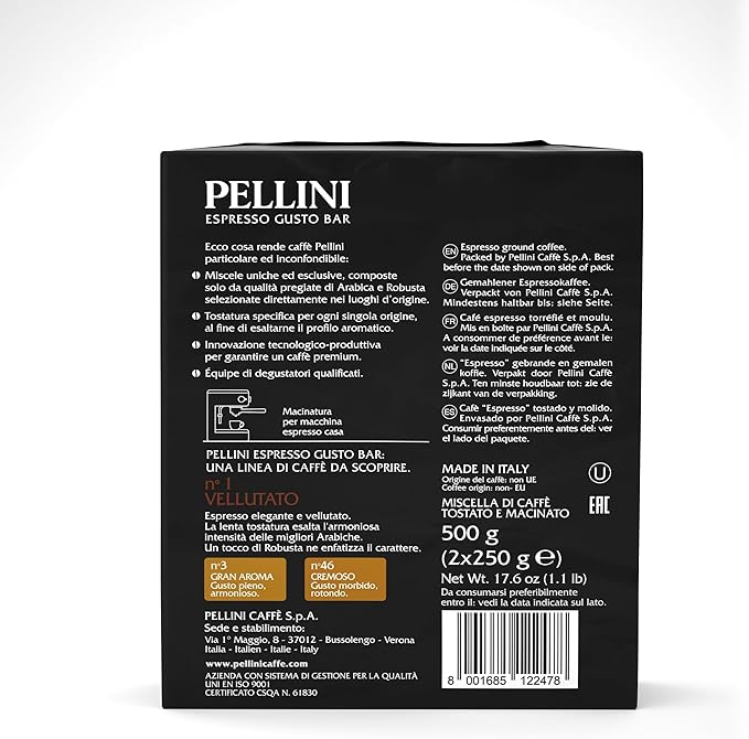 Pellini: Vellutato (Mellow) Roasted Ground Coffee for Espresso Machine 17.6 Ounce (500gr) Packages (Pack of 2) [ Italian Import ]