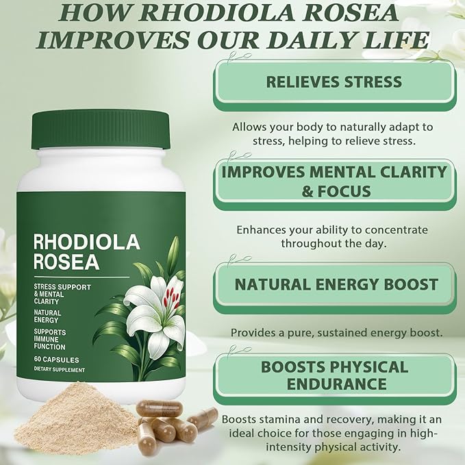 Raipult Rhodiola Rosea Capsules | 500mg Rhodiola Rosea Extract Supplement for Stress Support Mental Focus &amp Energy Immune Function Non-GMO 60 Capsules (1)
