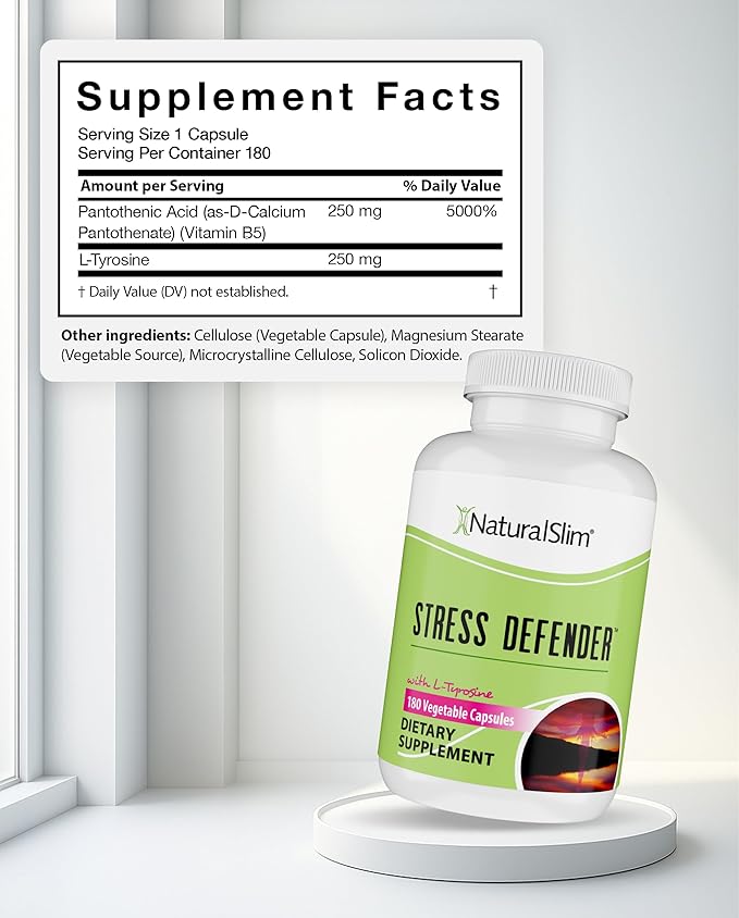 NaturalSlim Stress Relief Supplement - Stress Defender High Cortisol Reducer Control Cravings Sleep &amp Metabolism Support with Vitamin B5 Pantothenic Acid &amp L Tyrosine 180 Vegetable Capsules