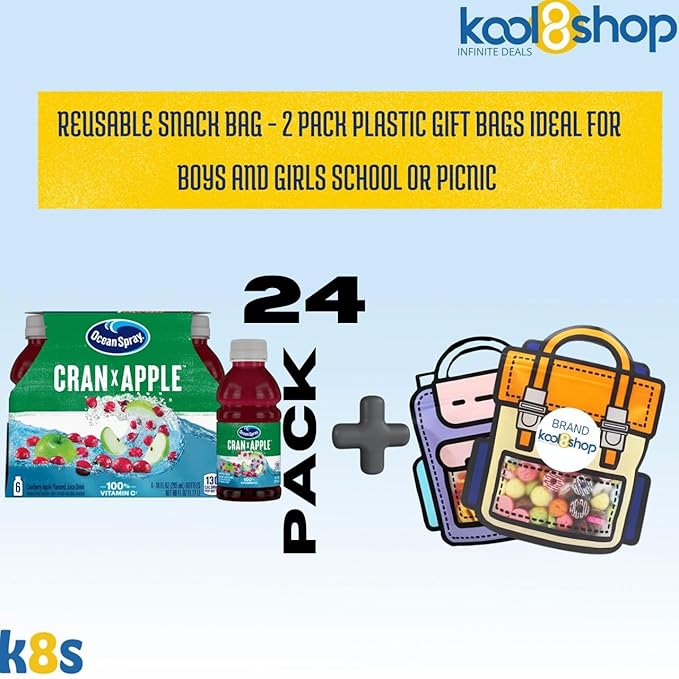 Ocean Spray Cran Apple Fruit Juice Drink 10 fl oz Plastic Bottles 24 Pack + 2 Reusable Snack Bags by KOOL8SHOP Infinite Deals