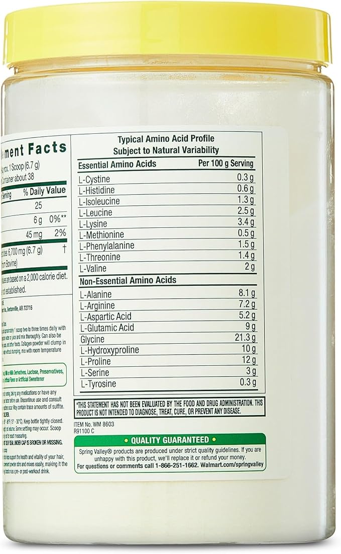 Collagen Peptides Powder 255g (9 Oz) - Hydrolyzed Protein(Type I &amp III) Keto Collagen Powder for Women &amp Men - Hair Skin and Joints by Spring Valley (Pack of 1) - Set By Basket Goods