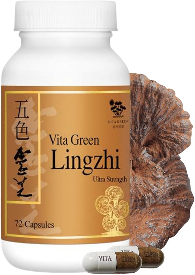 Vita Green Lingzhi Mushroom Supplement (五色靈芝) – Pure Reishi with Natural Antioxidants for Wellness Energy and Immune Support for Men &amp Women – 72 Capsules