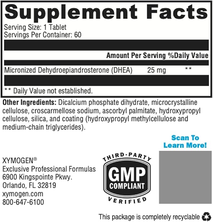 XYMOGEN DHEA 25 mg - Micronized DHEA Supplement for Women &amp Men - Support Healthy Androgen and Estrogen Levels &amp Adrenal Support (60 Tablets)