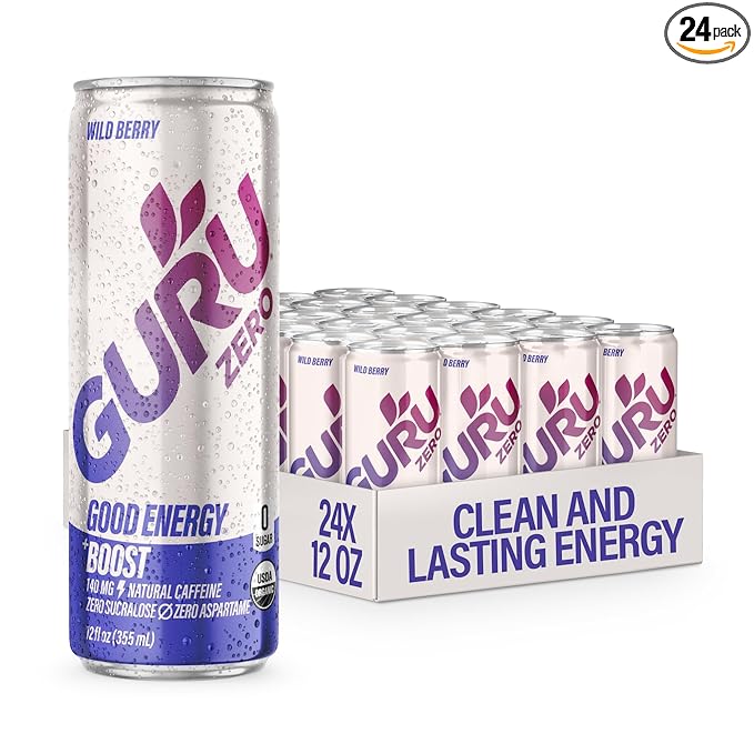 GURU ZERO SUGAR Wild Berry Organic Energy Drink with Plant Based Natural Caffeine from Green Tea Coconut Water Prebiotic Zero Added Sugars Gluten Free &amp Vegan Pre Workout 140MG Caffeine 12