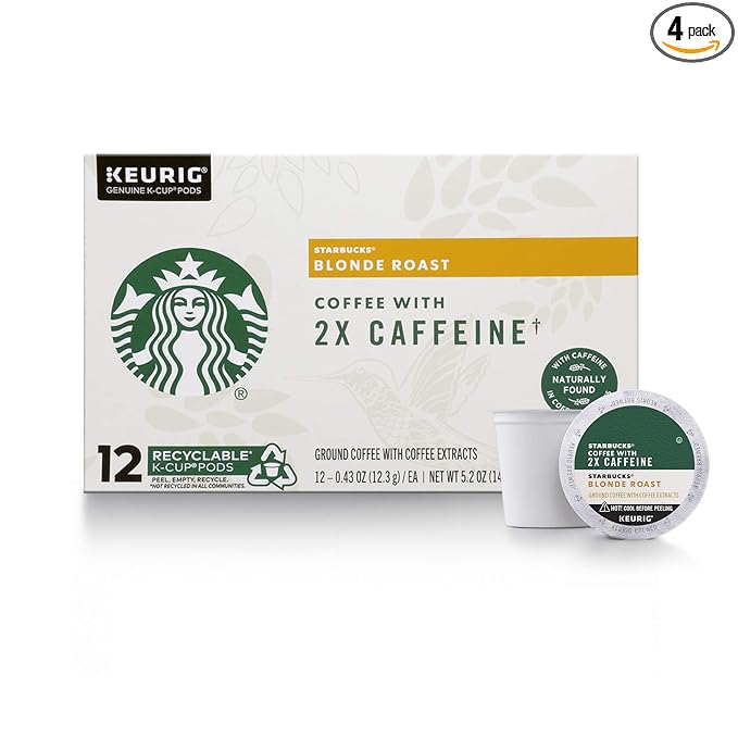 Starbucks Blonde Roast K-Cup Coffee Pods with 2X Caffeine for Keurig Brewers 4 boxes (48 pods total)