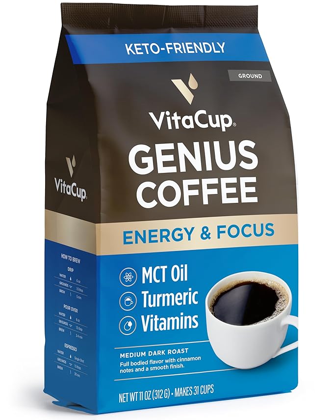 Vitacup Genius Ground Coffee &amp Keto + Collagen Vanilla Coffee Creamer Bundle for Keto Diet Energy &amp Focus 11 oz Ground Coffee Bag &amp 10 oz Creamer Powder Bag