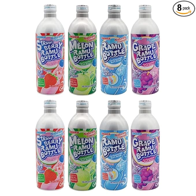 Sangaria Ramune Japanese Soft Drinks Mix Combo Ramu Bottle Carbonated 16.2 Fl Oz (PACK OF 8)