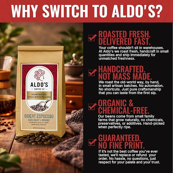 Aldo’s Orient Espresso – Organic Handcrafted Coffee Beans Signature Dark Roast Espresso Blend Small-Batch Artisan Roasted Bold Smooth Low-Acid Coffee (16 oz) (Medium Fine Ground)