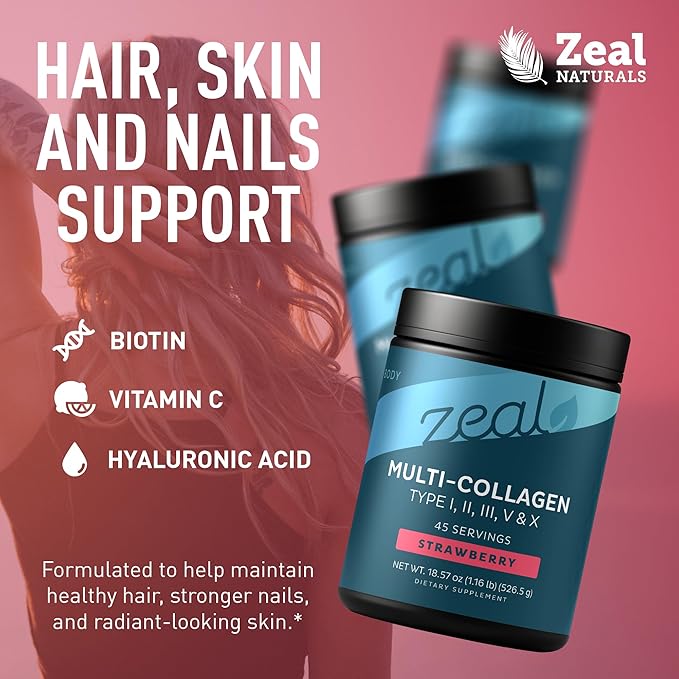 Premium Multi Collagen Peptides Powder (1 2 3 5 &amp 10) with Protein. Vitamin C Biotin Hyaluronic Acid for Hair Skin and Nails - Marine Bovine Chicken &amp Eggshell (Strawberry 45 Servings