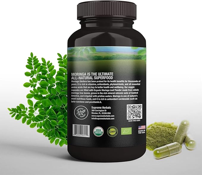 100% Raw and Pure Moringa Leaf Powder Capsules. Organic Certified Moringa Leaf. Natural Superfood with Essential Amino Acids Antioxidants and Omega 3 500mg 120 Capsules.