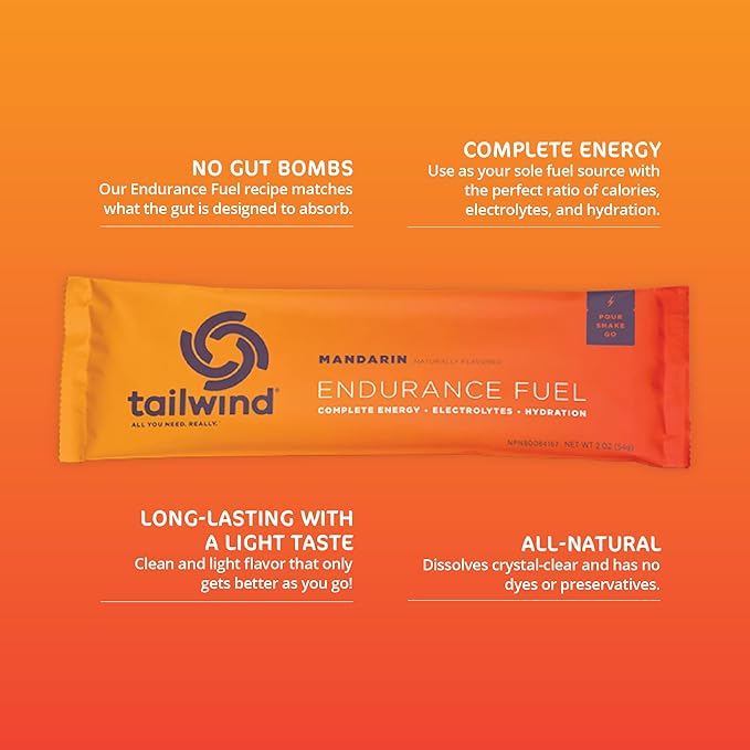 Tailwind Nutrition Endurance Fuel Sports Drink Powder Single Serving with Electrolytes Non-GMO Free of Soy Dairy and Gluten Vegan-Friendly Mandarin Orange Pack of 12