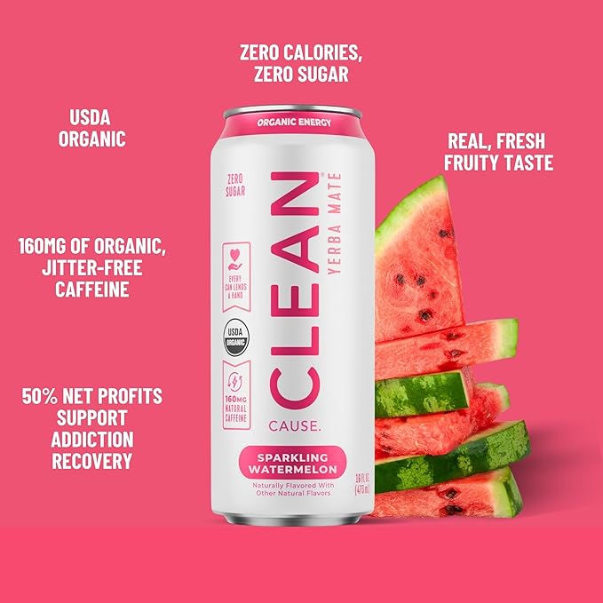 CLEAN Cause Zero Sugar Watermelon Yerba Mate Tea Sparkling USDA Organic Energy Drink Alternative Zero Calorie 160mg Natural Caffeine Soda Alternative Plant-Based (16oz cans 12-Pack Case)