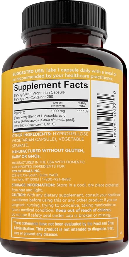 Viva Naturals Vitamin C 1000 mg 250 Vegetarian Capsules – with Citrus Bioflavonoids &amp Rose HIPS Non-GMO for Immune Support &amp Antioxidant Protection
