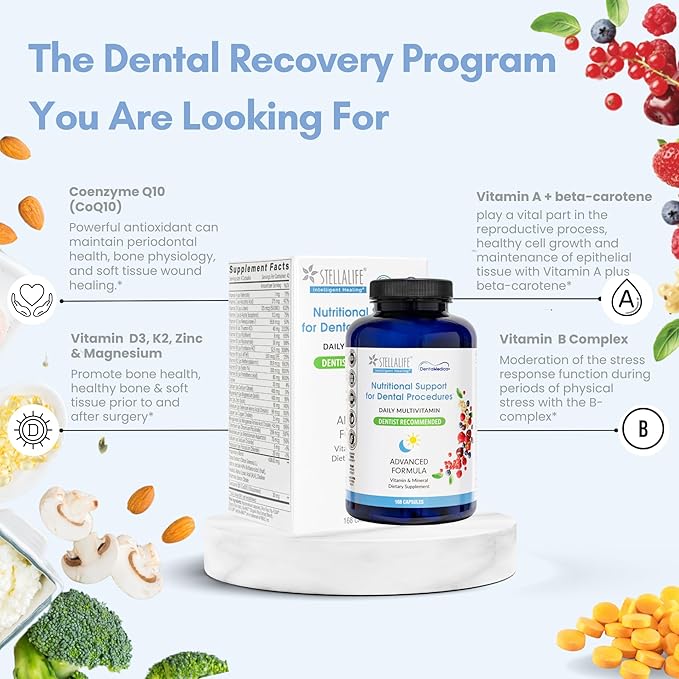 StellaLife DentaMedica Vegan Daily Multivitamin Nutritional Support for Faster Dental Surgery Recovery VIT D3 K2 C B Zinc CoQ10 Magnesium Healthy Bones &amp Gums Non-GMO GMP USA 168 Capsules
