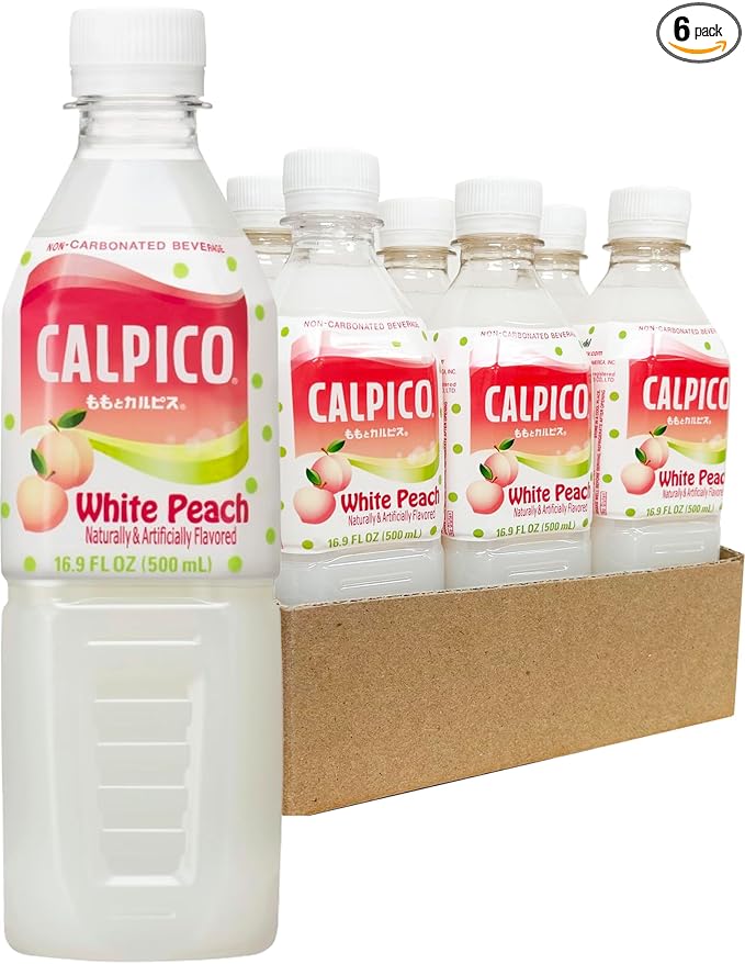 CALPICO White Peach – Smooth Creamy &amp Refreshing Non-Carbonated Beverage Sweet and Tangy Japanese Lactic Acid Drink 16.9 Fl oz (Pack of 6)