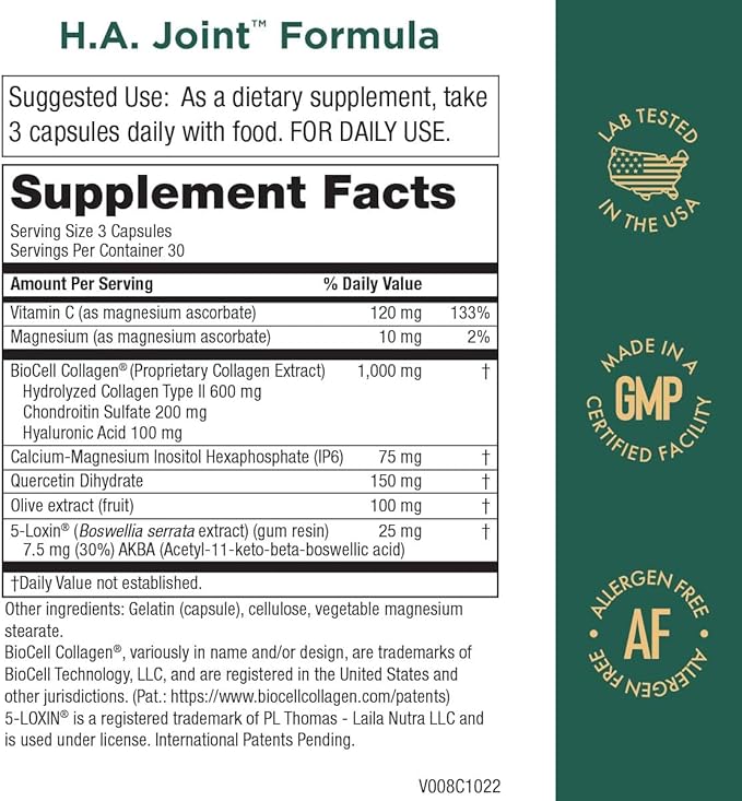 Purity Products HA Joint Formula Hyaluronic Acid + Key CoFactors - Joint + Skin Multi Collagen (Type I II &amp III) - 5-Loxin - Olive Fruit Extract - Joint Flexibility + Mobility - 90 Capsules (2)