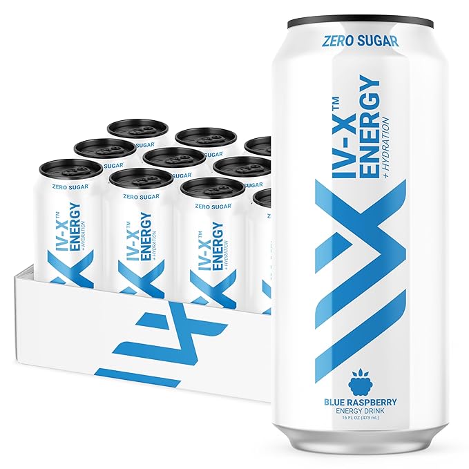 IV-X (IV-X - 12-Pack Blue Raspberry 16oz Cans - Energy &amp Focus &amp No Artificial Colors - 200mg of Green Tea Caffeine Himalayan Salt &amp Utah Sea Minerals - Gluten-Free &amp Vegan Friendly