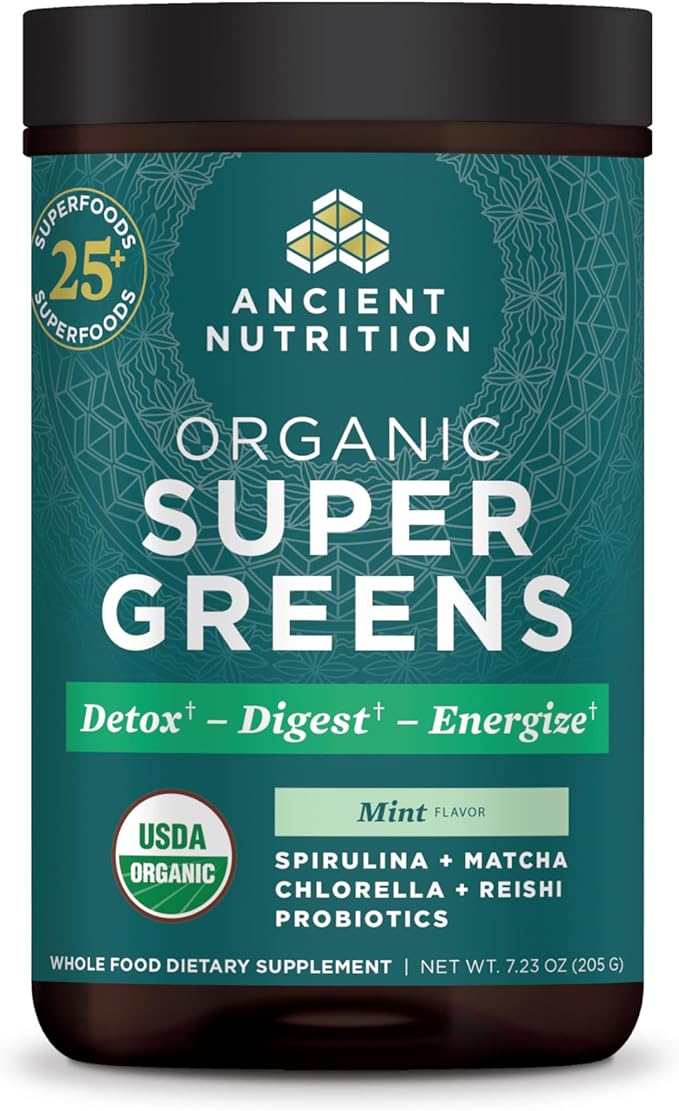 Ancient Nutrition SuperGreens Powder with Probiotics Organic Peppermint Flavor Greens Made from Real Fruits Vegetables and Herbs for Digestive and Energy Support 25 Servings 7.23oz
